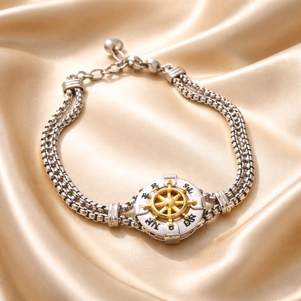 MEN'S WOMEN'S STAINLESS STEEL SILVER/GOLD MARINE BOOT STEERING WHEEL BRACELET