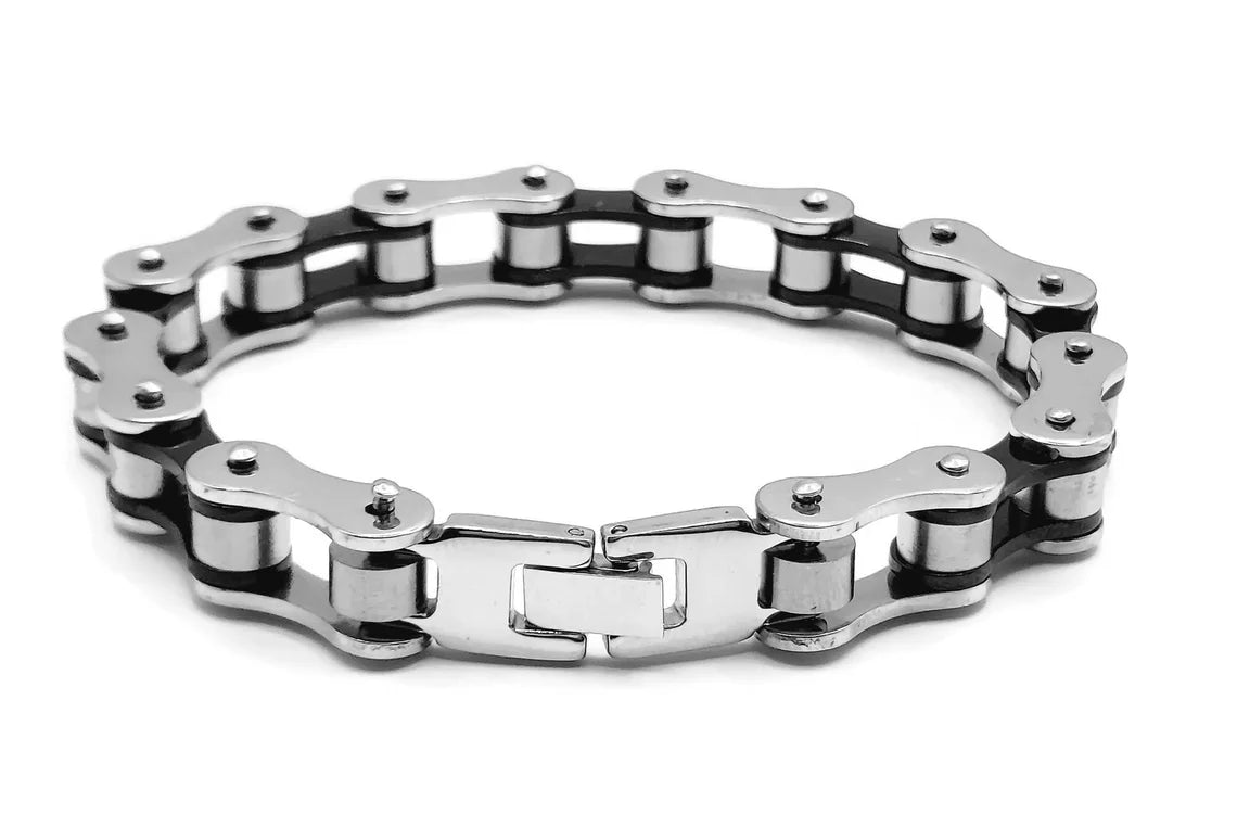 Rugged 10mm Biker Gothic Chain Bracelet - Solid Stainless Steel Silver & Black Wristband - steelstyle33