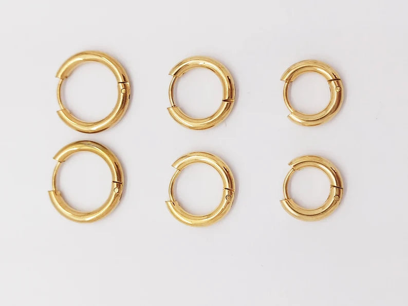 Elegant Gold-Toned Stainless Steel Hoop Earrings Set: 3 Sizes (12mm, 14mm, 16mm) - 2mm Thick steelstyle33