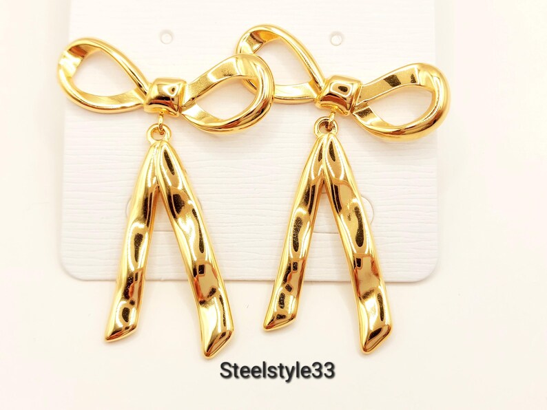 Elegant 18K Gold Plated Bow Earrings - Long Stainless Steel Studs for Women, Wedding Gift, Tarnish-Free steelstyle33