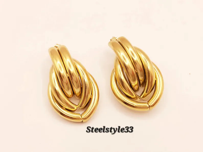 18k Gold-Plated Braided Stainless Steel Stud Earrings: Waterproof, Hypoallergenic Fashion Jewelry - steelstyle33