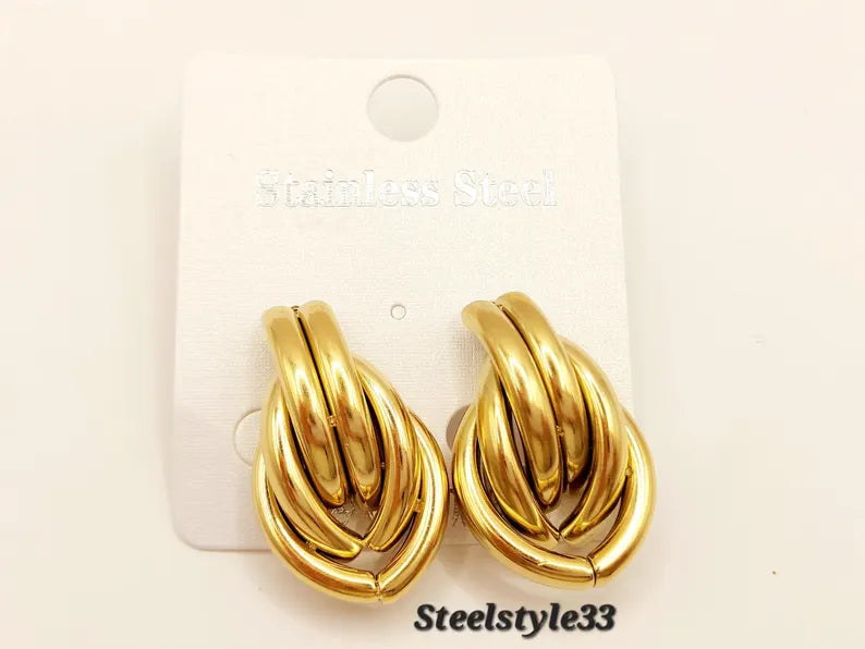 18k Gold-Plated Braided Stainless Steel Stud Earrings: Waterproof, Hypoallergenic Fashion Jewelry - steelstyle33