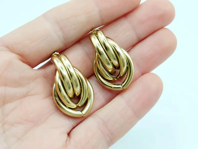 18k Gold-Plated Braided Stainless Steel Stud Earrings: Waterproof, Hypoallergenic Fashion Jewelry - steelstyle33