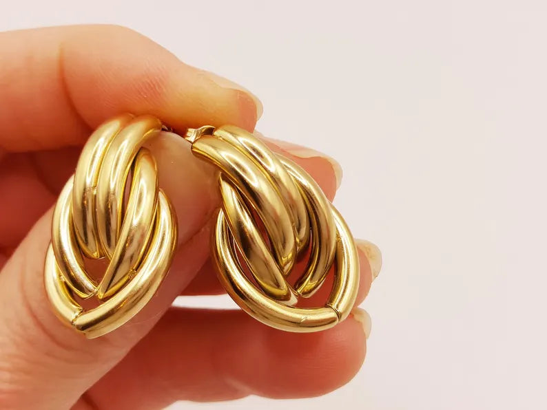 18k Gold-Plated Braided Stainless Steel Stud Earrings: Waterproof, Hypoallergenic Fashion Jewelry - steelstyle33