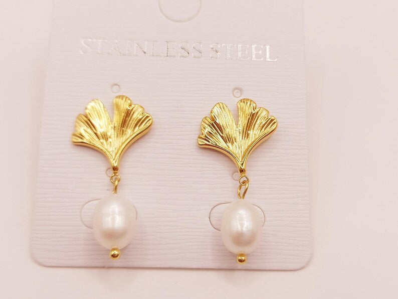 Gold Ginkgo Biloba Leaf Earrings, 18K Gold Plated Stainless Steel, Leaf Botanical Elegance steelstyle33