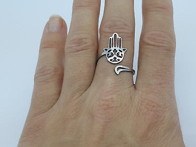 WOMEN'S RING BAND STAINLESS STEEL 316L ADJUSTABLE FATIMA'S HAND SILVER TONE Unbranded