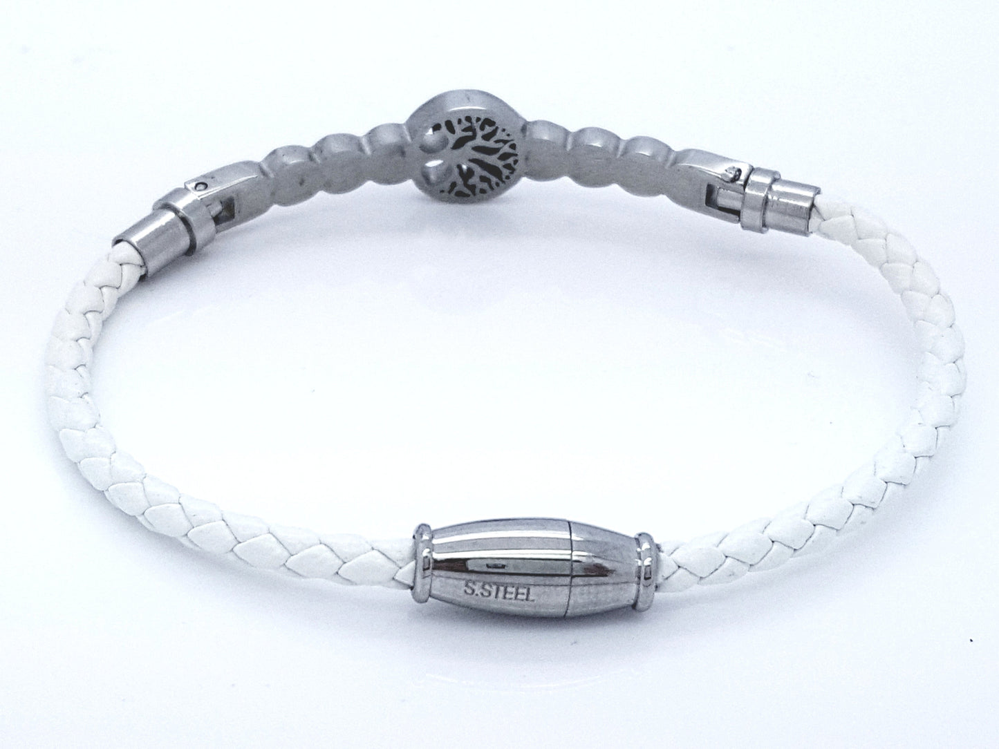 WOMEN'S WOVEN LEATHER BRACELET STAINLESS STEEL TREE OF LIFE WHITE steelstyle33