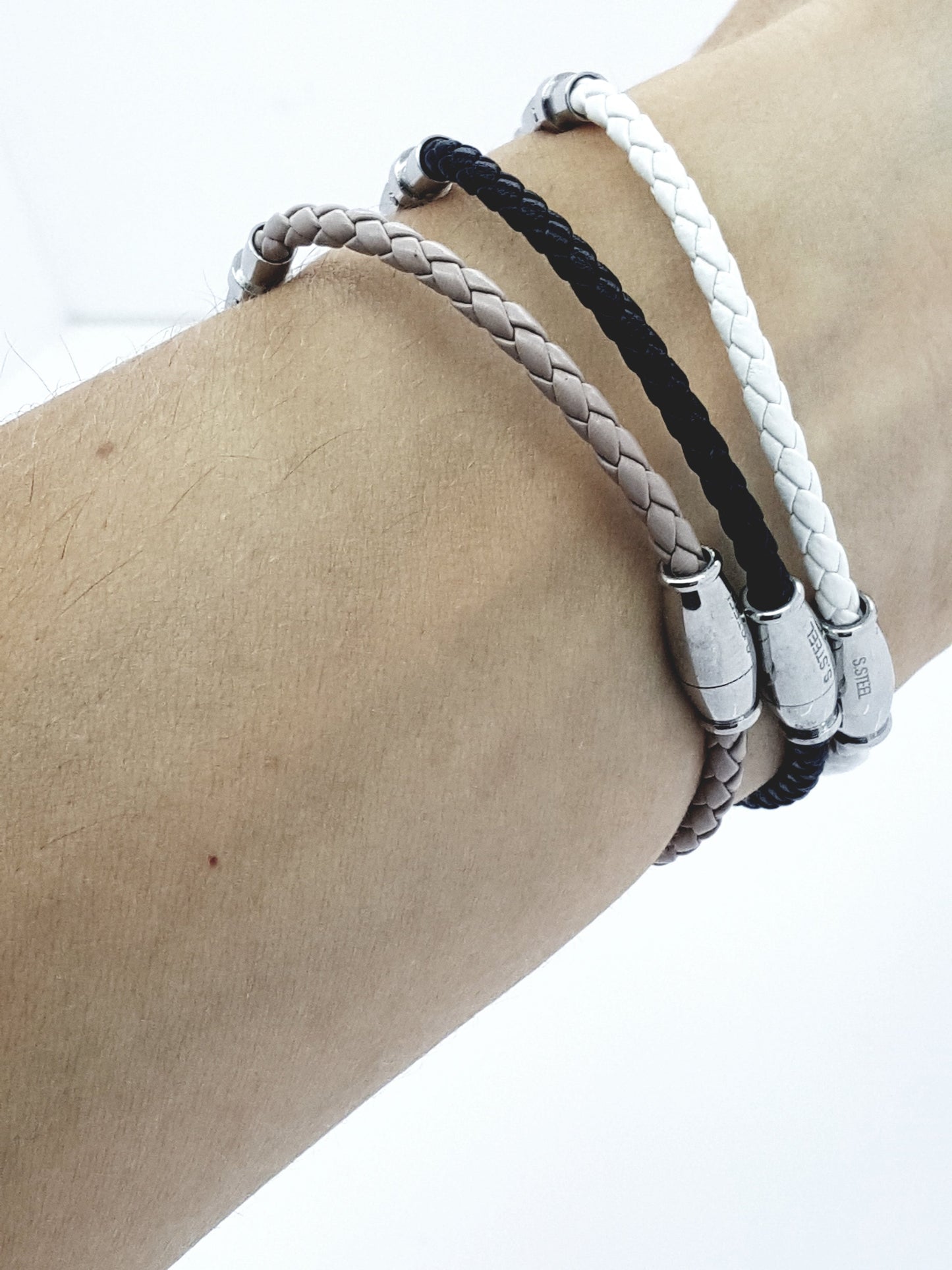 WOMEN'S WOVEN LEATHER BRACELET STAINLESS STEEL TREE OF LIFE BLACK steelstyle33