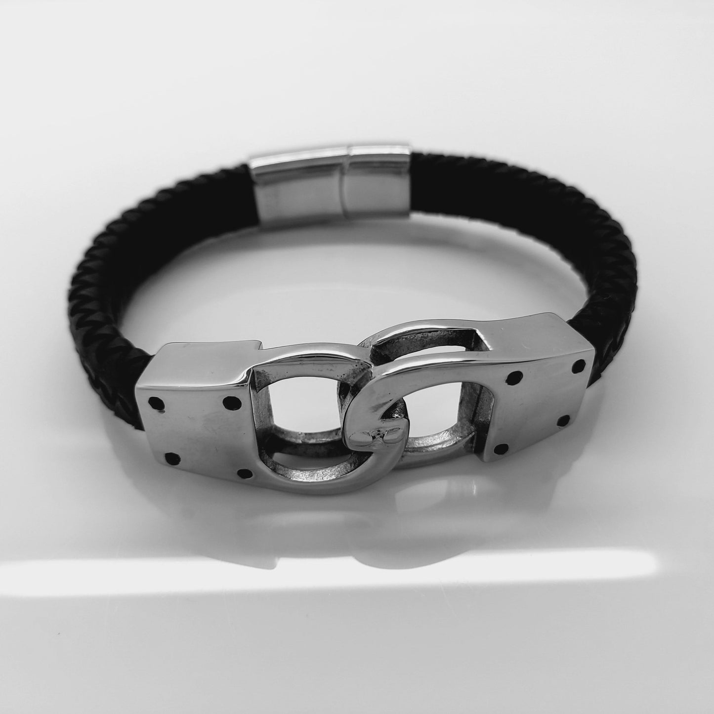MEN'S HANDCUFF STAINLESS STEEL AND LEATHER BRACELET SILVER/BLACK steelstyle33