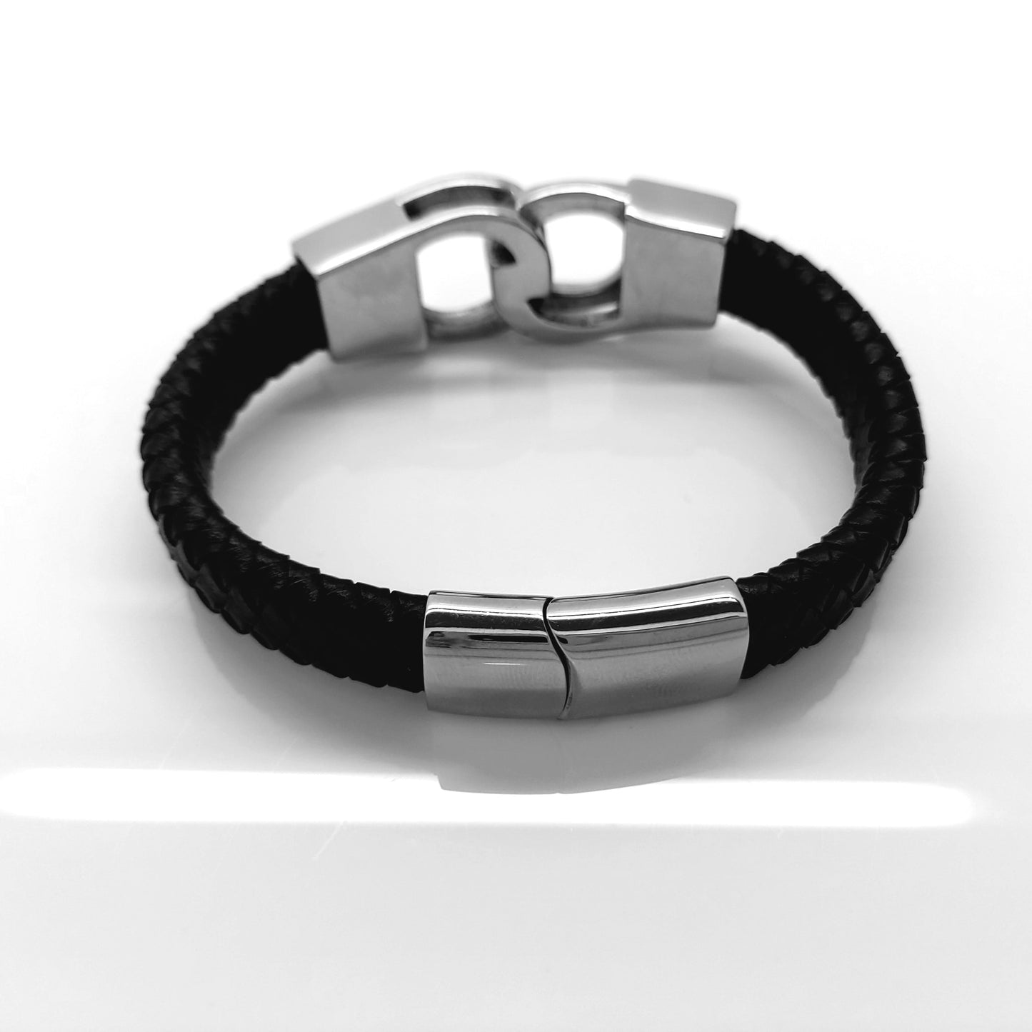 MEN'S HANDCUFF STAINLESS STEEL AND LEATHER BRACELET SILVER/BLACK steelstyle33