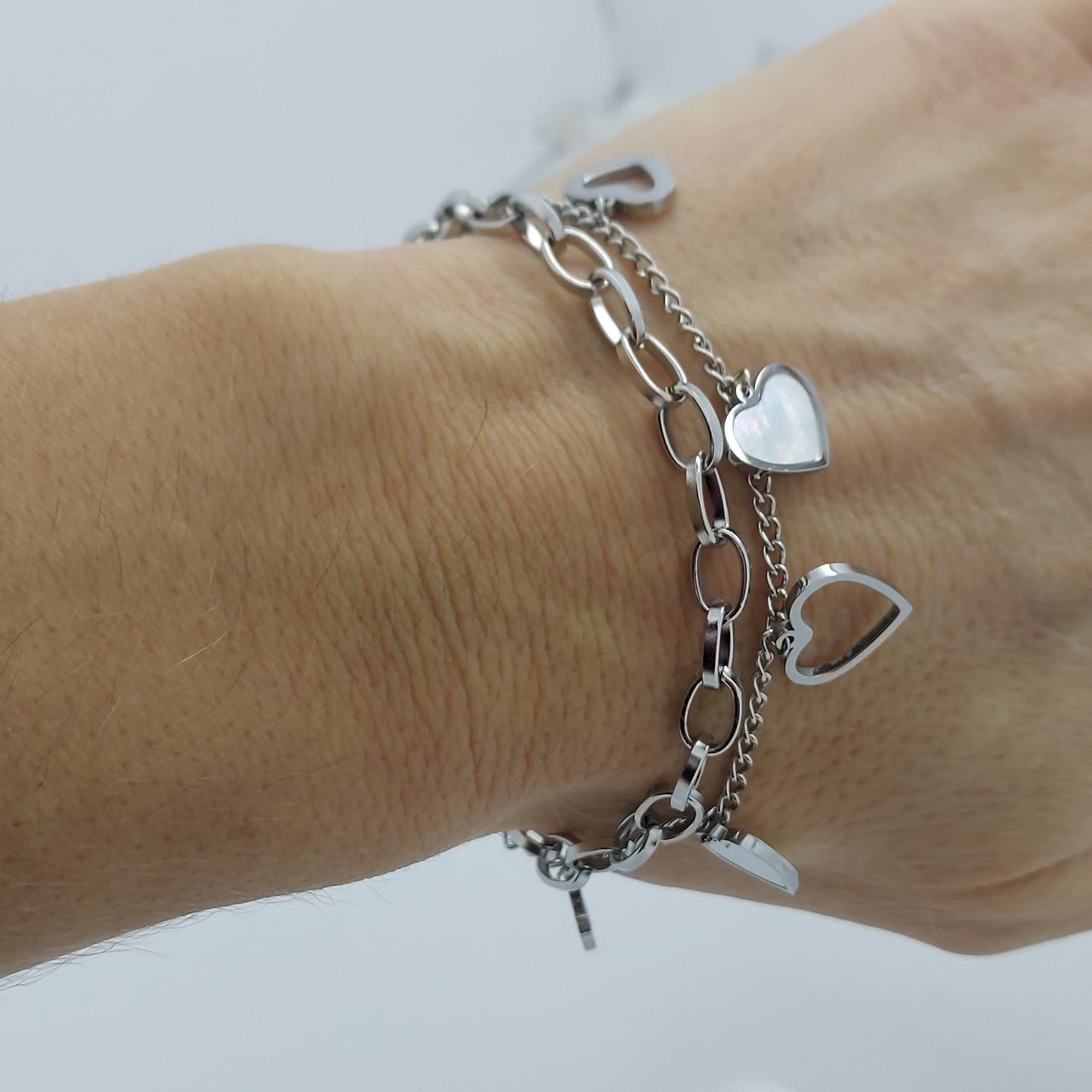 LADIE'S STAINLESS STEEL SILVER CHARMS BRACELET HEARTS steelstyle33