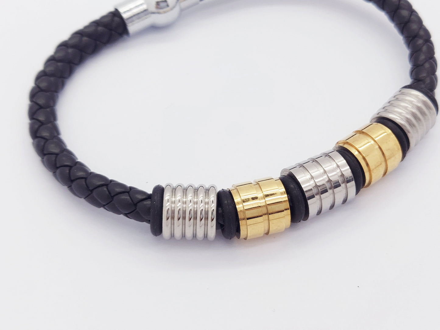 MEN'S BRAIDED LEATHER & STAINLESS STEEL BRACELET SILVER/BLACK/GOLD steelstyle33