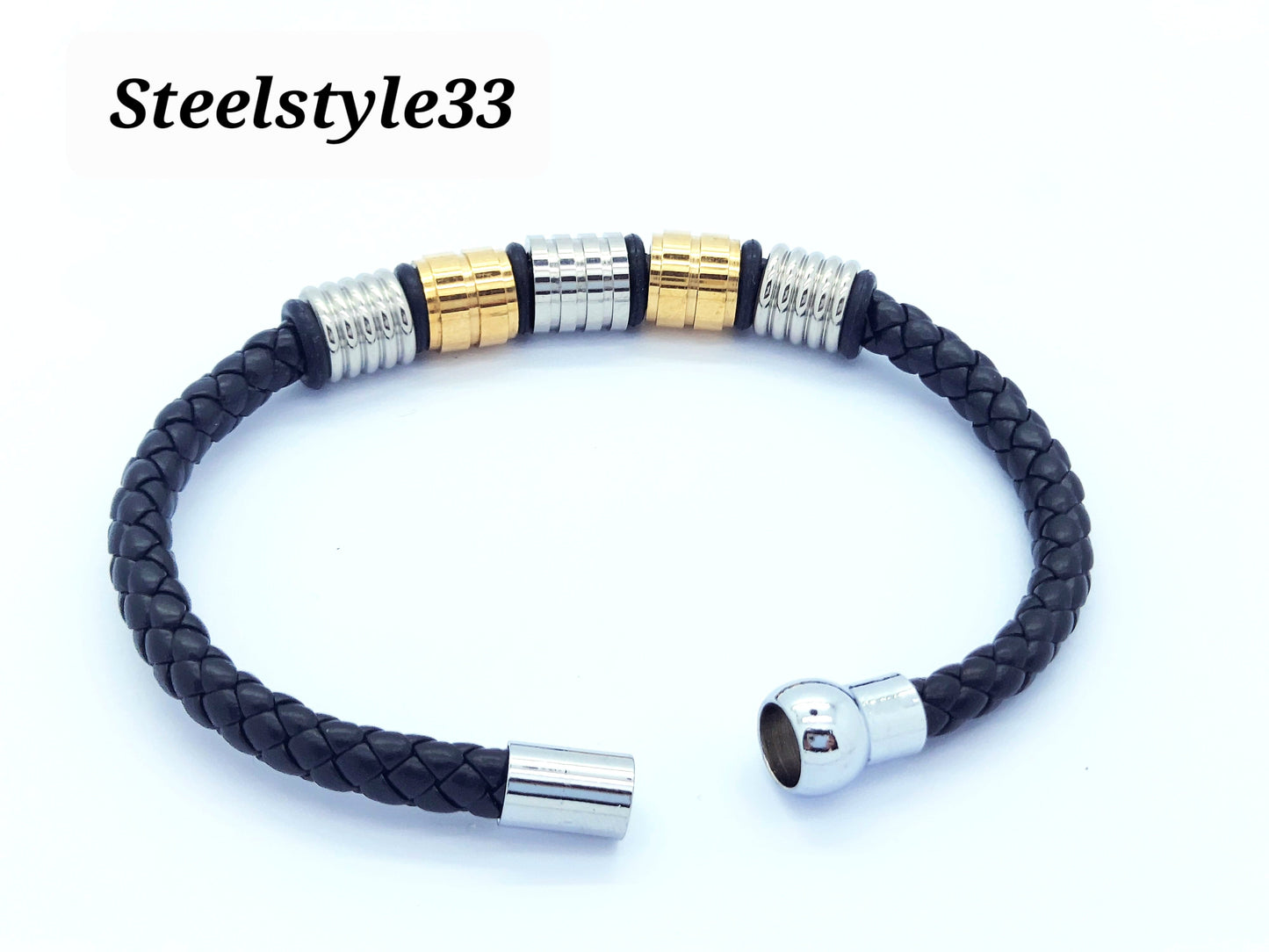 MEN'S BRAIDED LEATHER & STAINLESS STEEL BRACELET SILVER/BLACK/GOLD steelstyle33