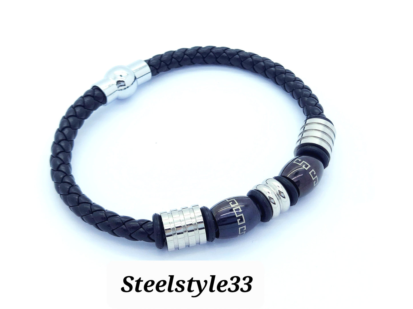 MEN'S BRAIDED LEATHER & STAINLESS STEEL BRACELET SILVER/BLACK steelstyle33