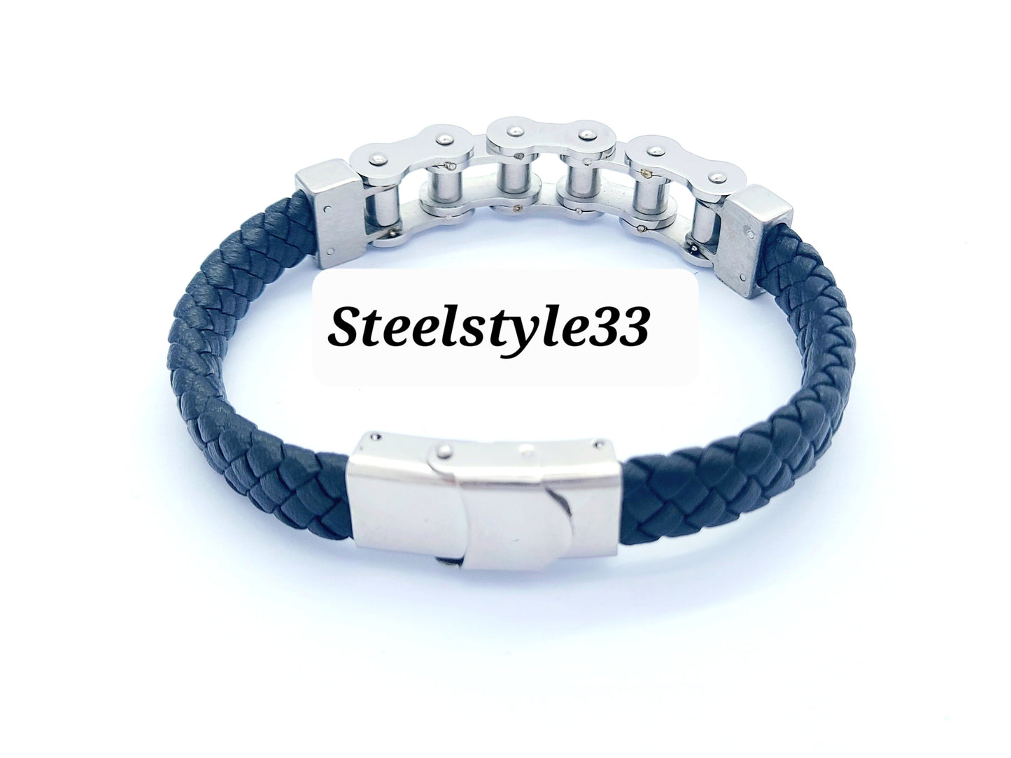 MEN'S BRAIDED LEATHER &BIKER CHAIN STAINLESS STEEL BRACELET SILVER/BLACK steelstyle33