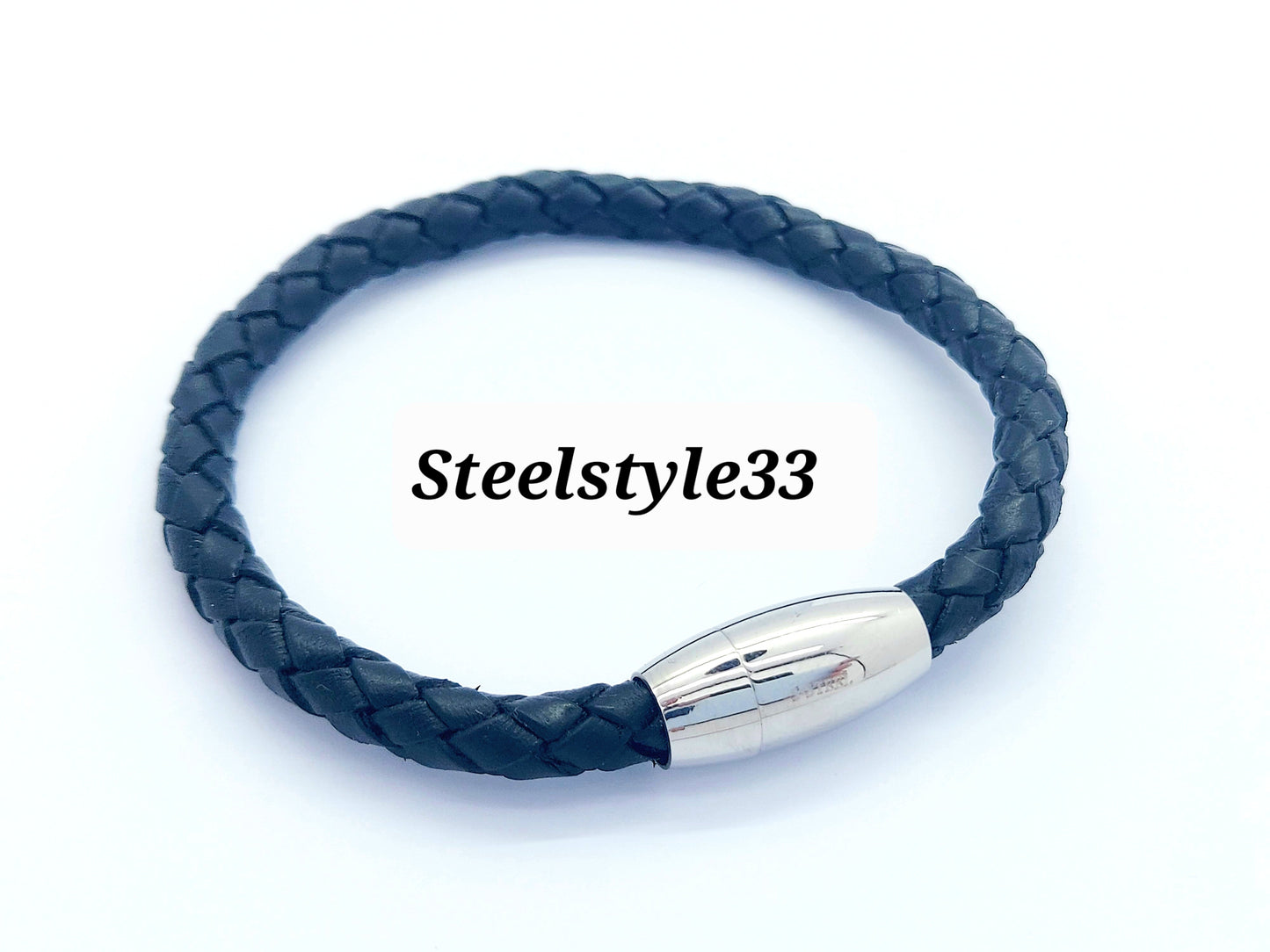 MEN'S BRAIDED LEATHER & STAINLESS STEEL CLASSIC BRACELET SILVER/BLACK steelstyle33