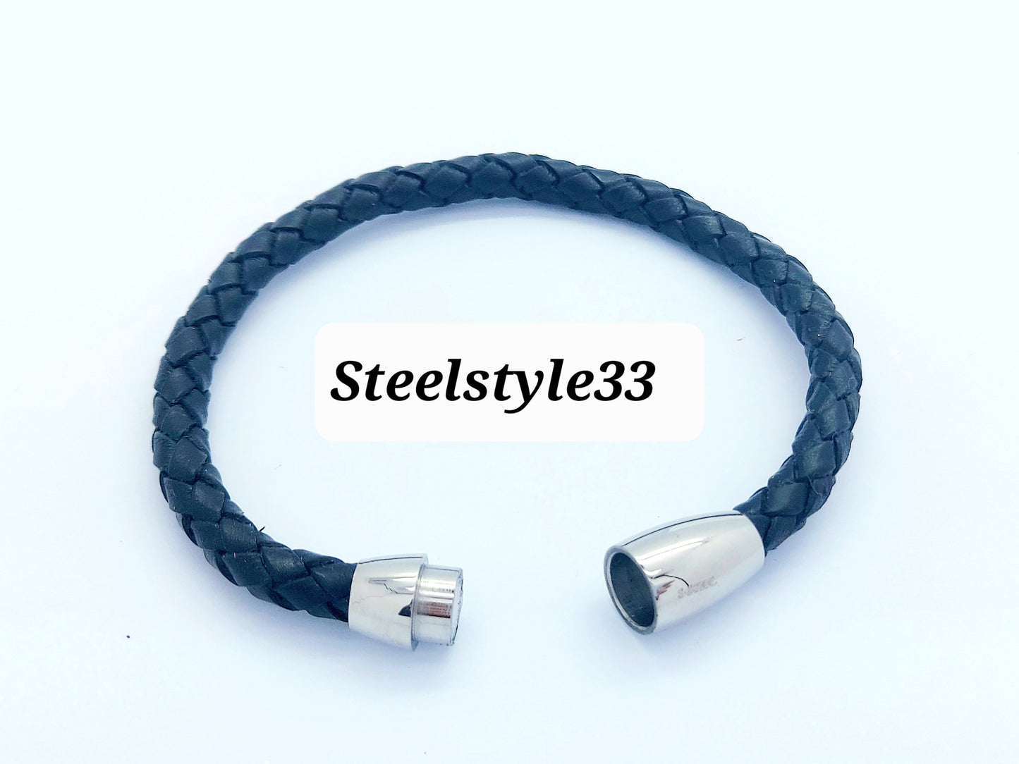 MEN'S BRAIDED LEATHER & STAINLESS STEEL CLASSIC BRACELET SILVER/BLACK steelstyle33