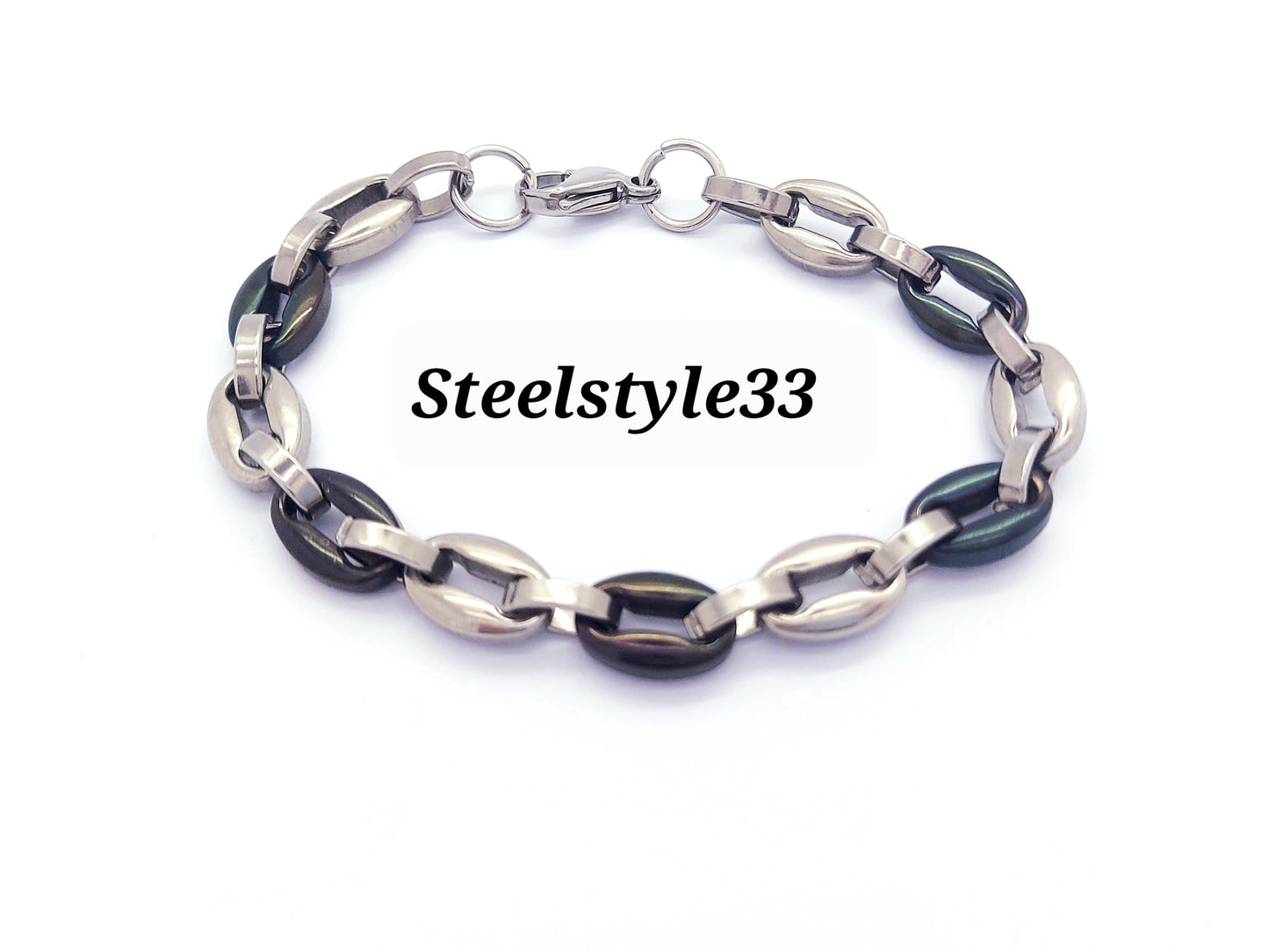 BARREL CHAIN BRACELET STAINLESS STEEL SILVER&BLACK MEN'S WOMEN'S Steelstyle33