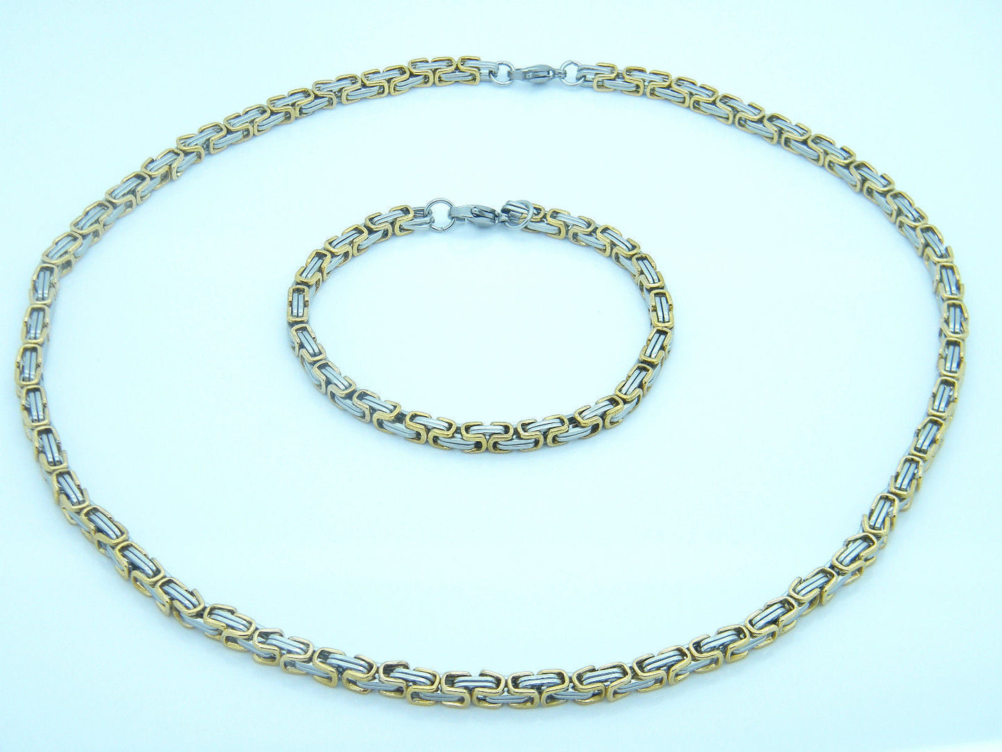 MEN'S SILVER/GOLD CHUNKY LINK CHAIN BYZANTINE STAINLESS STEEL NECKLACE SET steelstyle33