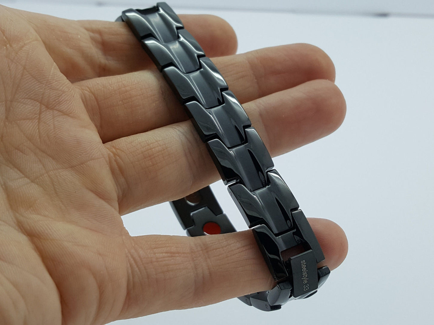 MEN'S LARGE SINGLE ROW BIO MAGNETIC BRACELET STAINLESS STEEL 5 IN 1 BLACK steelstyle33