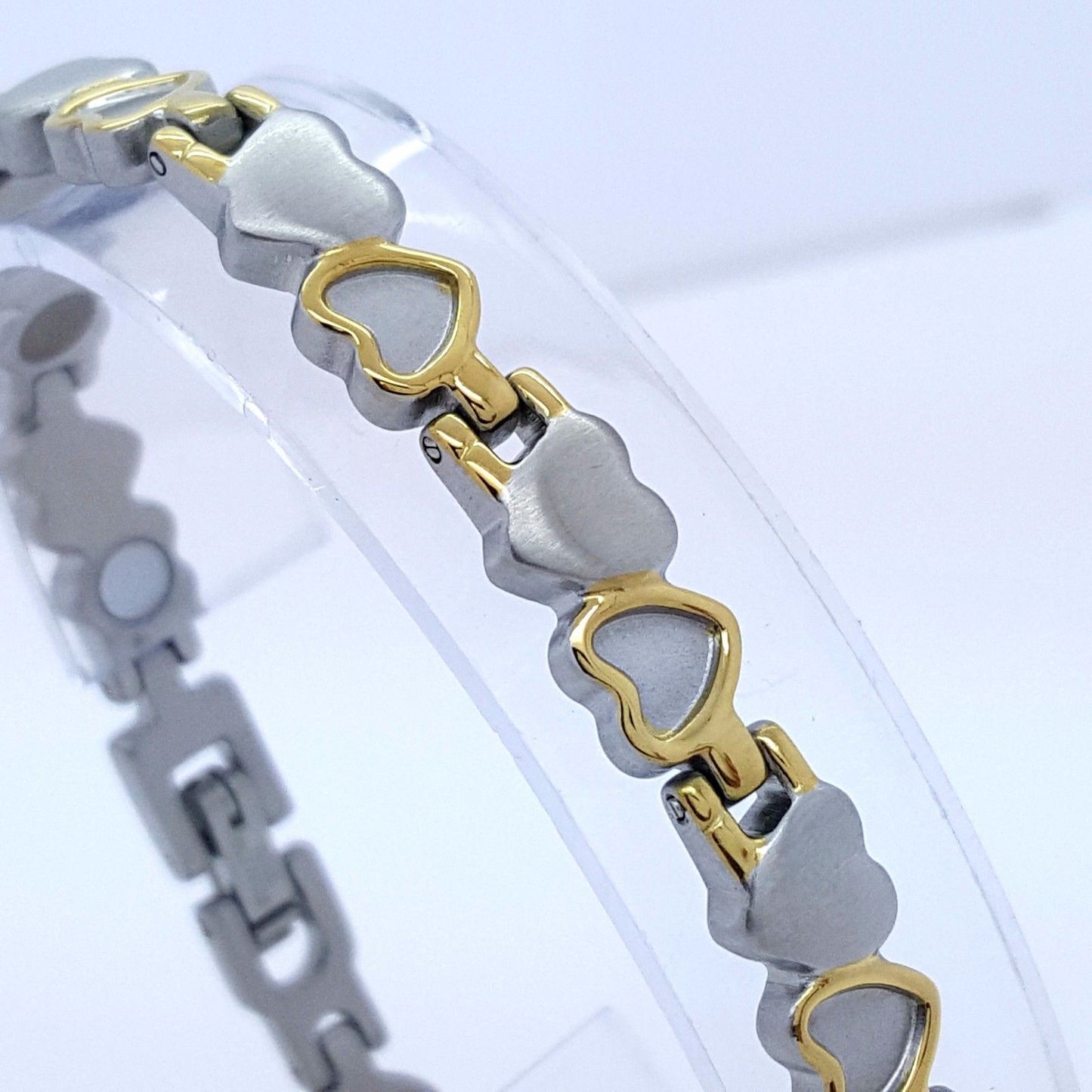 LADIE'S STAINLESS STEEL BIO MAGNETIC BRACELET 5 in 1 SILVER/GOLD HEARTS DESIGN steelstyle33