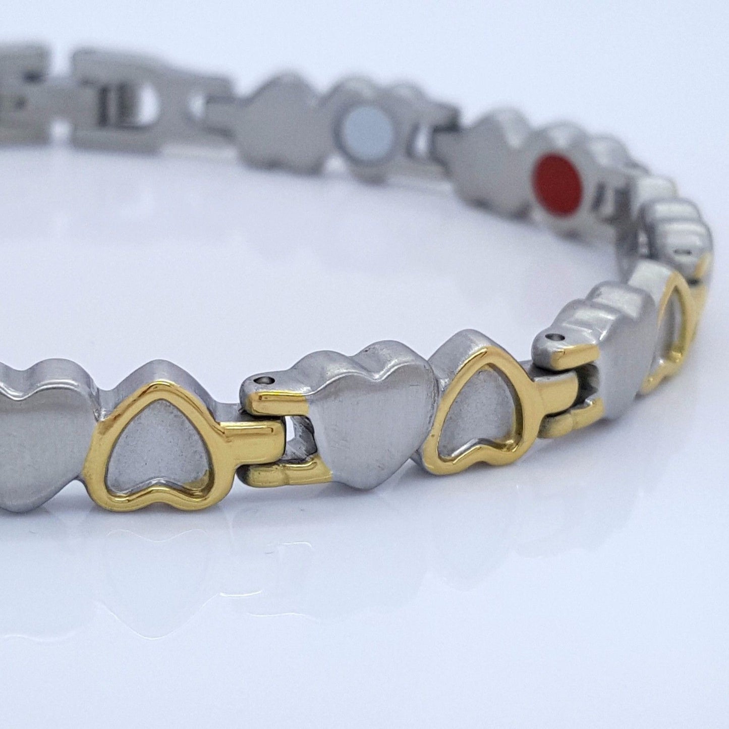 LADIE'S STAINLESS STEEL BIO MAGNETIC BRACELET 5 in 1 SILVER/GOLD HEARTS DESIGN steelstyle33