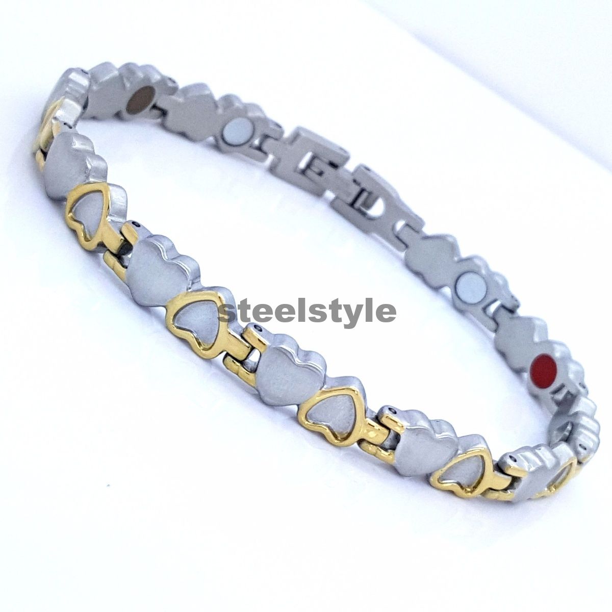 LADIE'S STAINLESS STEEL BIO MAGNETIC BRACELET 5 in 1 SILVER/GOLD HEARTS DESIGN steelstyle33