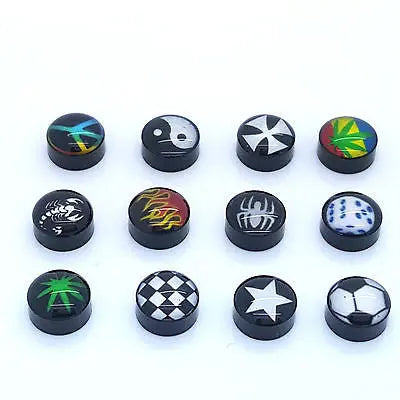 PAIR OF 9MM BLACK UNISEX FAKE EAR PLUGS STAINLESS STEEL LOGO STUD BODY PIERCING steelstyle33