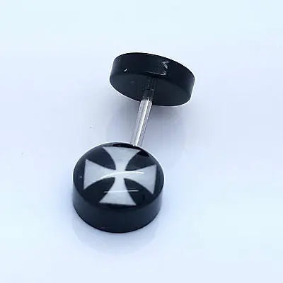 PAIR OF 9MM BLACK UNISEX FAKE EAR PLUGS STAINLESS STEEL LOGO STUD BODY PIERCING steelstyle33