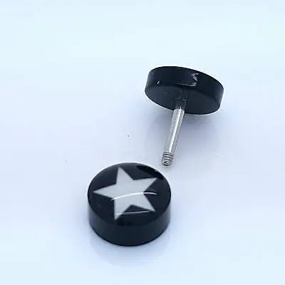 PAIR OF 9MM BLACK UNISEX FAKE EAR PLUGS STAINLESS STEEL LOGO STUD BODY PIERCING steelstyle33