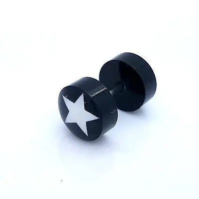 PAIR OF 9MM BLACK UNISEX FAKE EAR PLUGS STAINLESS STEEL LOGO STUD BODY PIERCING steelstyle33