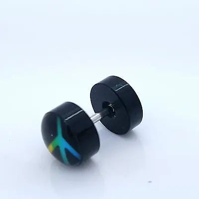 PAIR OF 9MM BLACK UNISEX FAKE EAR PLUGS STAINLESS STEEL LOGO STUD BODY PIERCING steelstyle33
