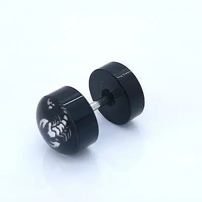 PAIR OF 9MM BLACK UNISEX FAKE EAR PLUGS STAINLESS STEEL LOGO STUD BODY PIERCING steelstyle33