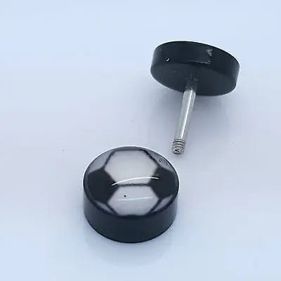 PAIR OF 9MM BLACK UNISEX FAKE EAR PLUGS STAINLESS STEEL LOGO STUD BODY PIERCING steelstyle33