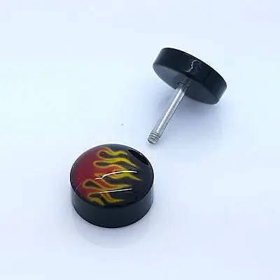 PAIR OF 9MM BLACK UNISEX FAKE EAR PLUGS STAINLESS STEEL LOGO STUD BODY PIERCING steelstyle33