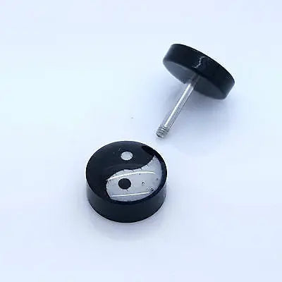 PAIR OF 9MM BLACK UNISEX FAKE EAR PLUGS STAINLESS STEEL LOGO STUD BODY PIERCING steelstyle33