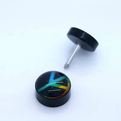 PAIR OF 9MM BLACK UNISEX FAKE EAR PLUGS STAINLESS STEEL LOGO STUD BODY PIERCING steelstyle33