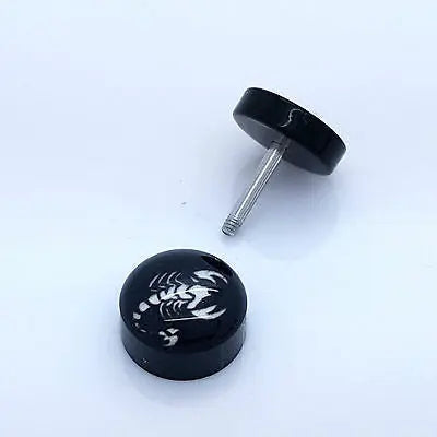PAIR OF 9MM BLACK UNISEX FAKE EAR PLUGS STAINLESS STEEL LOGO STUD BODY PIERCING steelstyle33