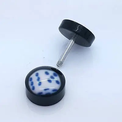 PAIR OF 9MM BLACK UNISEX FAKE EAR PLUGS STAINLESS STEEL LOGO STUD BODY PIERCING steelstyle33