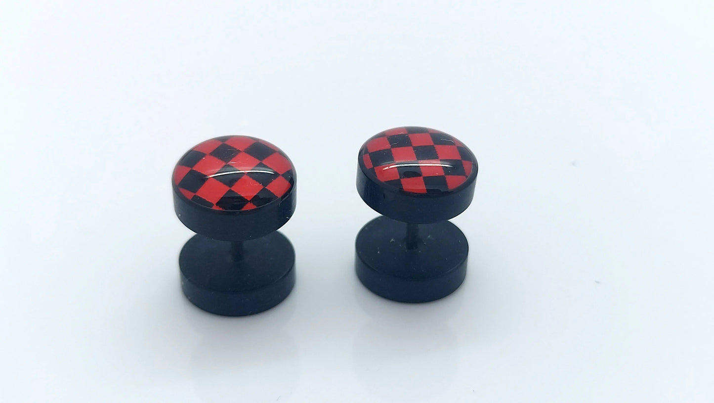 PAIR OF 9MM BLACK UNISEX FAKE EAR PLUGS STAINLESS STEEL LOGO STUD BODY PIERCING steelstyle33