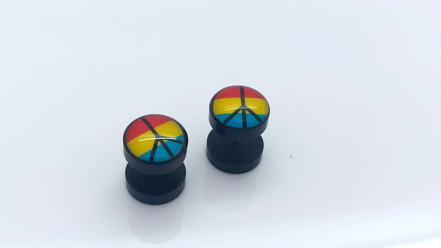 PAIR OF 9MM BLACK UNISEX FAKE EAR PLUGS STAINLESS STEEL LOGO STUD BODY PIERCING steelstyle33