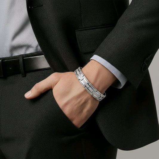 MEN'S LARGE SINGLE ROW BIO MAGNETIC BRACELET STAINLESS STEEL 5 IN 1 SILVER