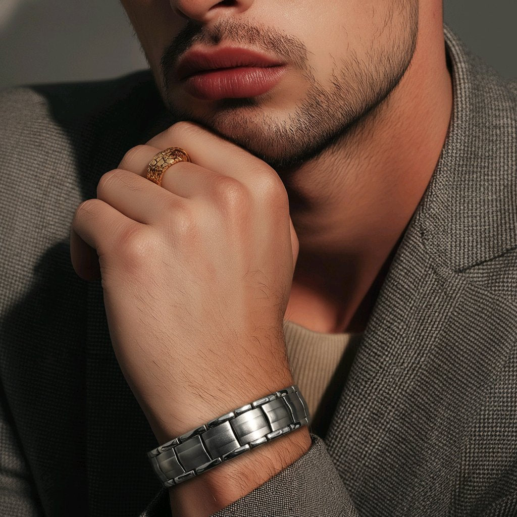 MEN'S  DOUBLE ROW LARGE FULL BIO MAGNETIC BRACELET SILVER TONE