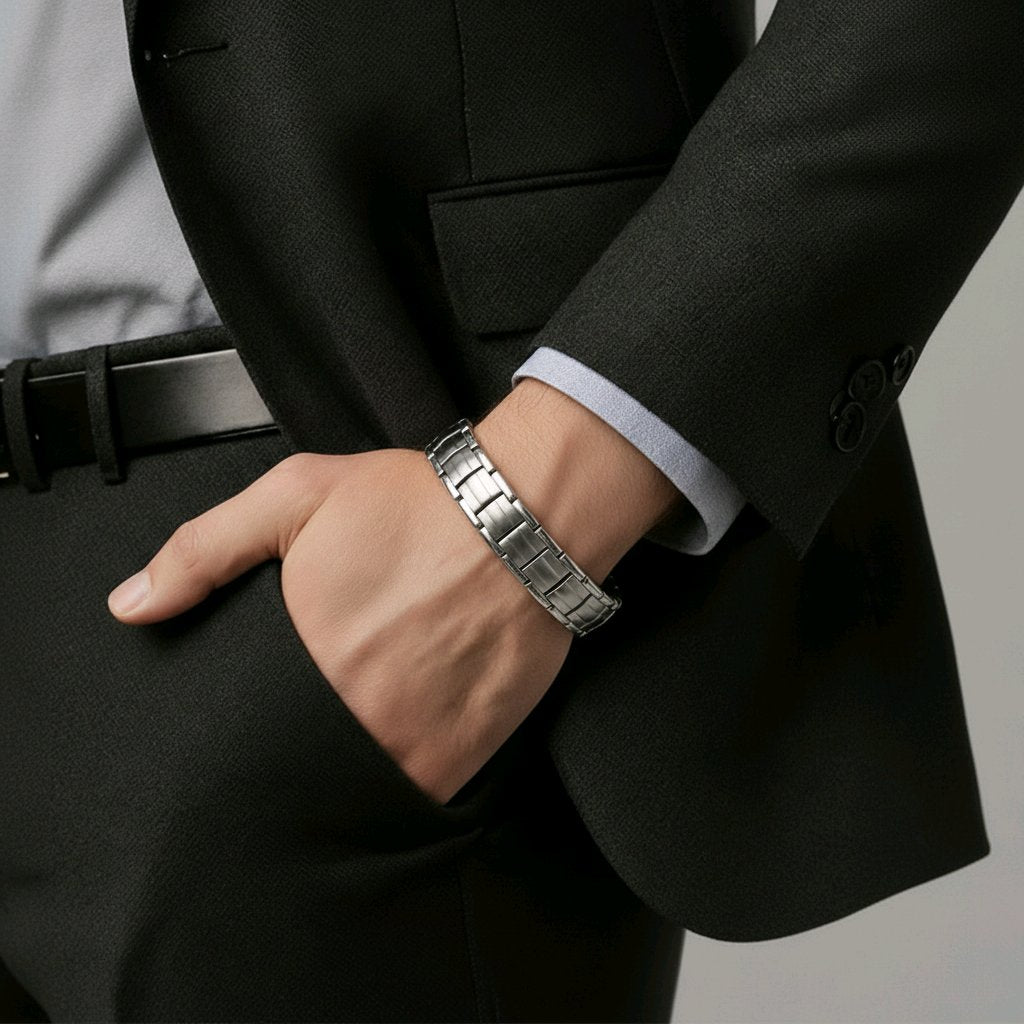 MEN'S  DOUBLE ROW LARGE FULL BIO MAGNETIC BRACELET SILVER TONE