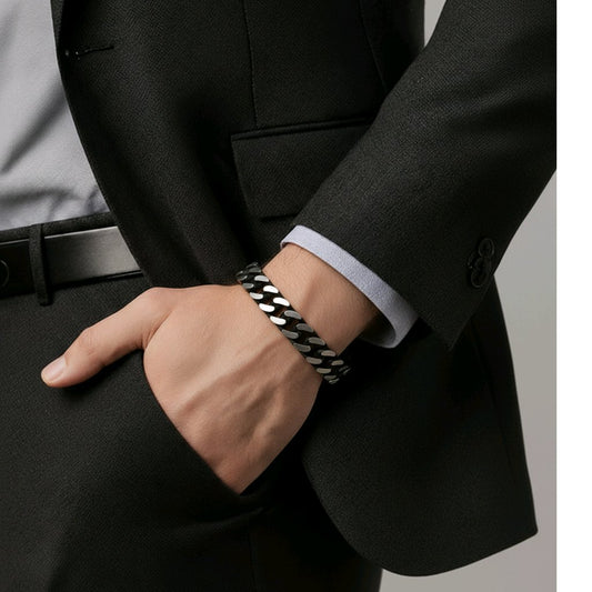 MEN'S LARGE STAINLESS STEEL SILVER/BLACK LINK CHAIN BRACELET 15 MM