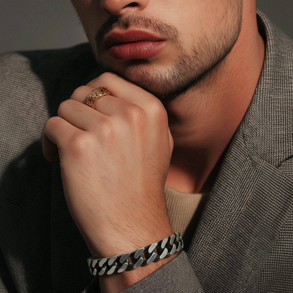 MEN'S LARGE STAINLESS STEEL SILVER/BLACK LINK CHAIN BRACELET 15 MM