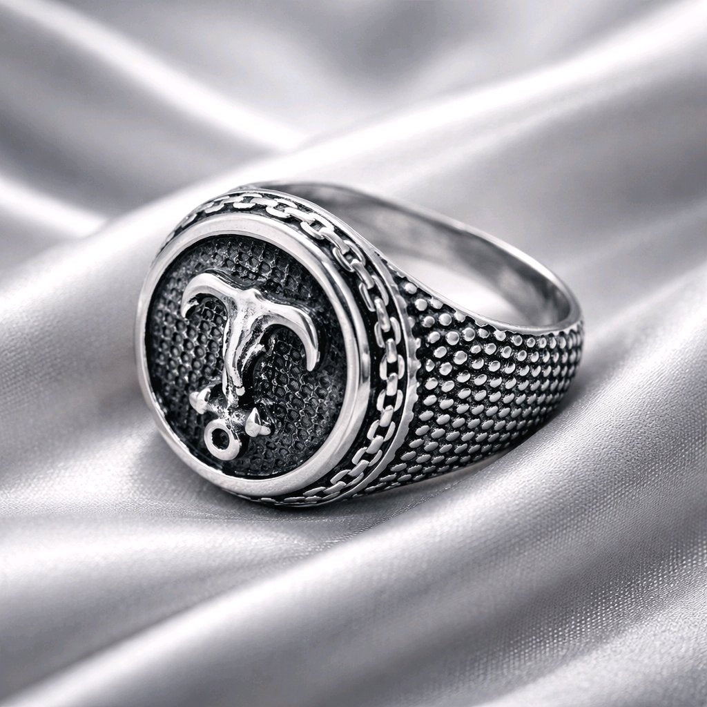 MEN'S SILVER CHUNKY SYGNET WITH ANCHOR STAINLESS STEEL 316L RING