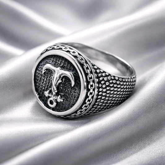 MEN'S SILVER CHUNKY SYGNET WITH ANCHOR STAINLESS STEEL 316L RING