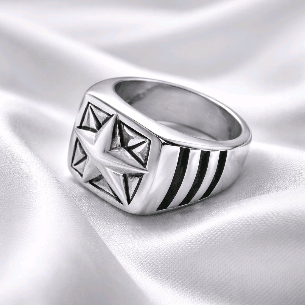 MENS RING SILVER COMPASS RING- NORTH STAR SILVER RING, STAINLESS STEEL FOR MEN