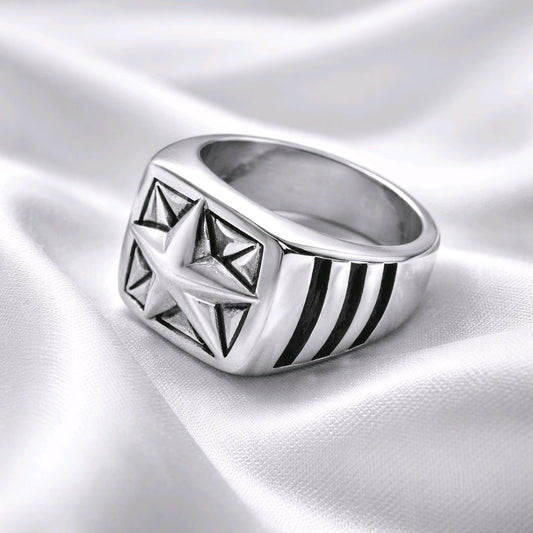 MENS RING SILVER COMPASS RING- NORTH STAR SILVER RING, STAINLESS STEEL FOR MEN